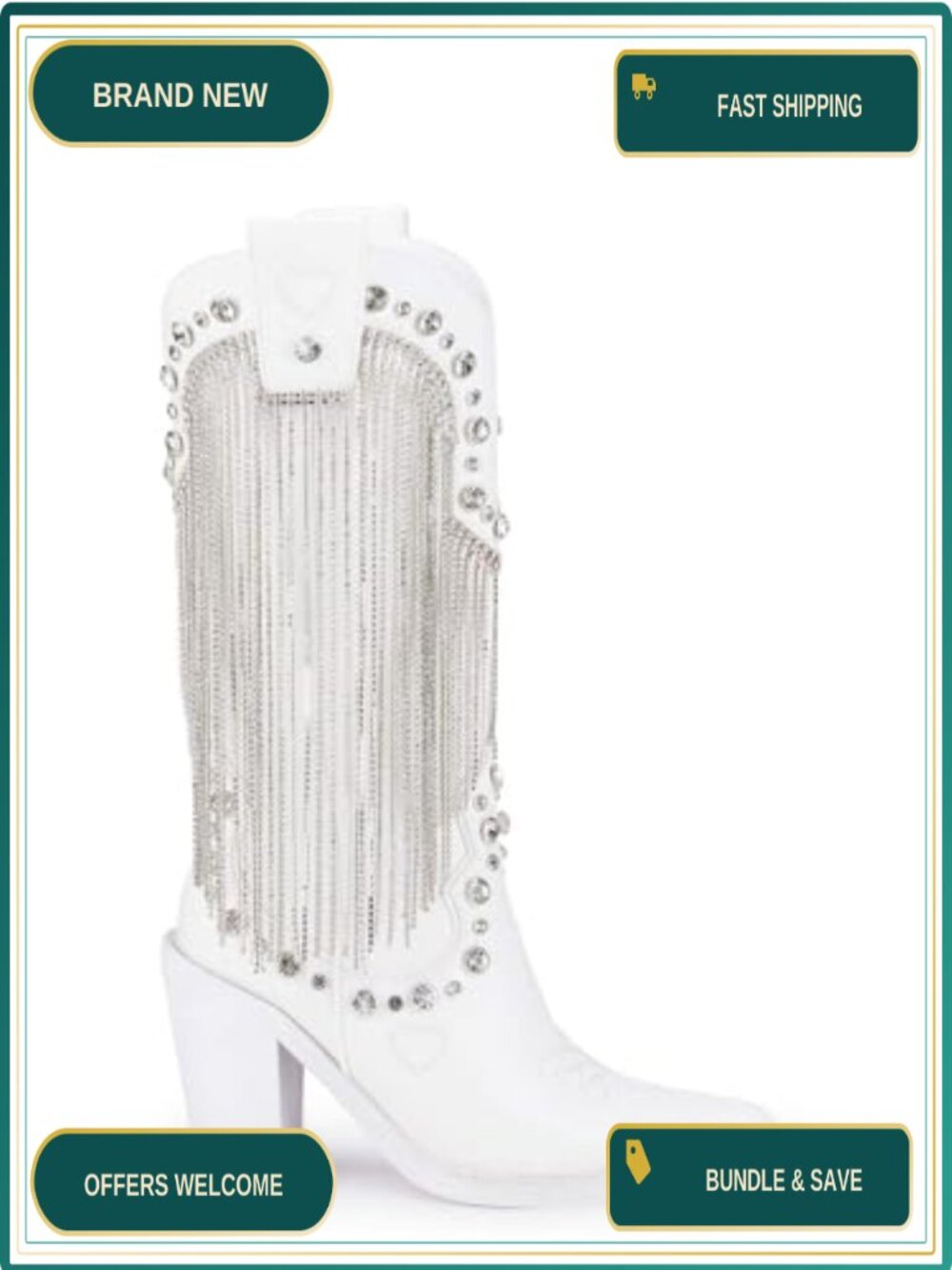 Vegan Leather Cowboy Ankle Boots with Rhinestone Fringe Heel